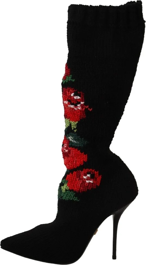 Black Stretch Socks Red Roses Booties Women's Shoes - Image 4