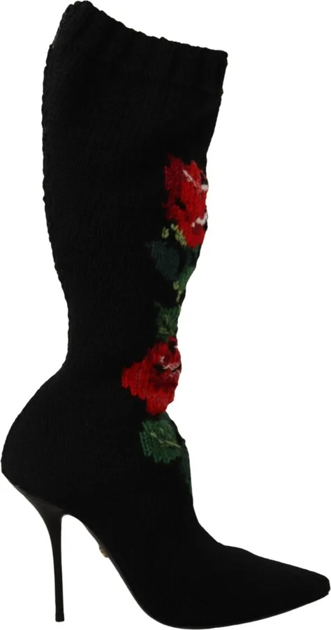 Black Stretch Socks Red Roses Booties Women's Shoes