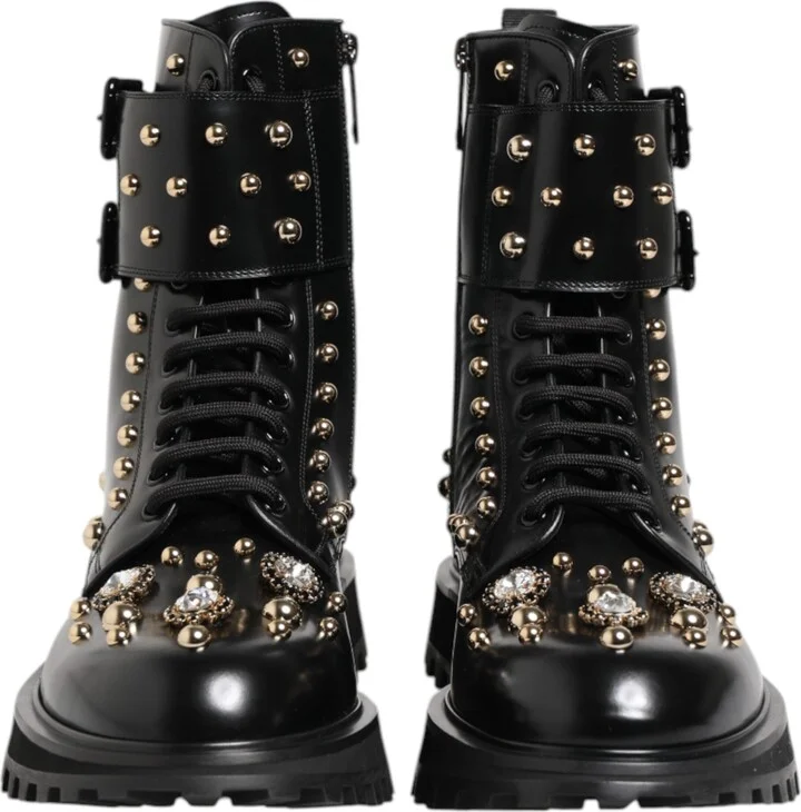 Black Studded Lace Up Mid Calf Boots Women's Shoes - Image 2