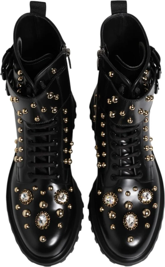 Black Studded Lace Up Mid Calf Boots Women's Shoes - Image 3