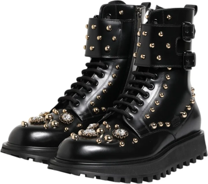 Black Studded Lace Up Mid Calf Boots Women's Shoes - Image 4