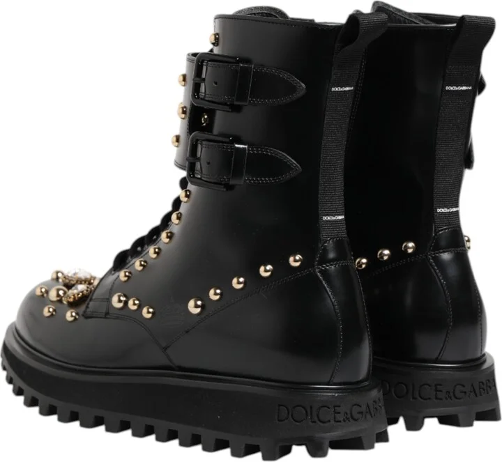 Black Studded Lace Up Mid Calf Boots Women's Shoes - Image 5