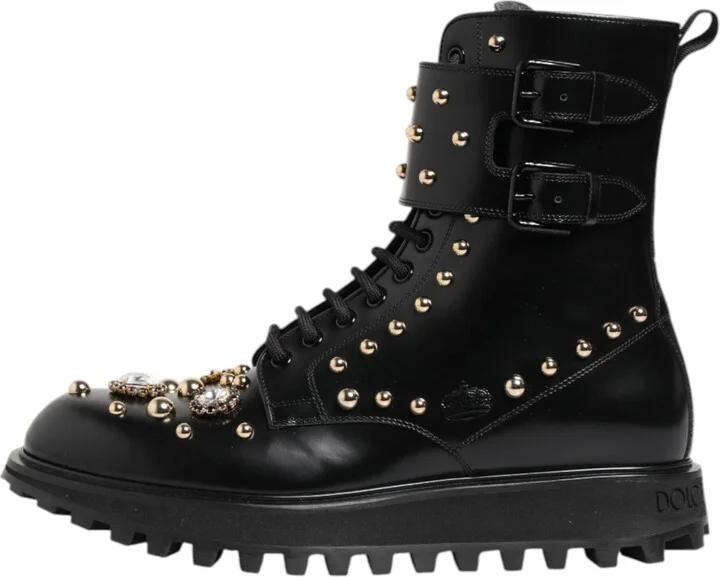 Black Studded Lace Up Mid Calf Boots Women's Shoes - Image 6
