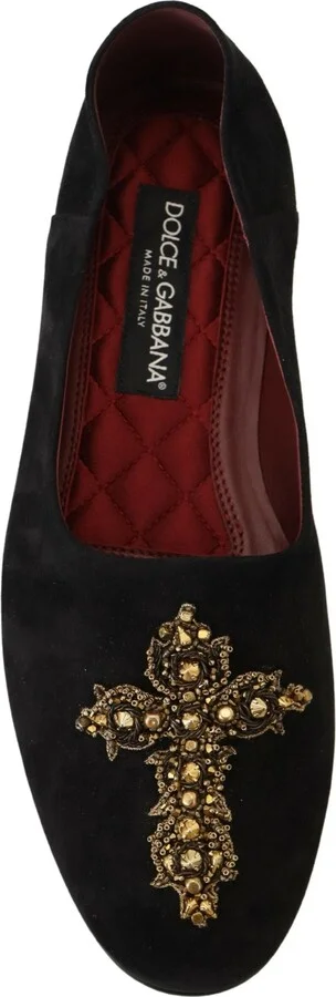 Black Suede Gold Cross Slip On Loafers Men's Shoes - Image 4