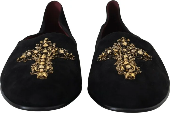 Black Suede Gold Cross Slip On Loafers Men's Shoes - Image 5