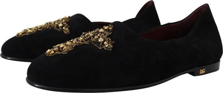 Black Suede Gold Cross Slip On Loafers Men's Shoes - Image 6