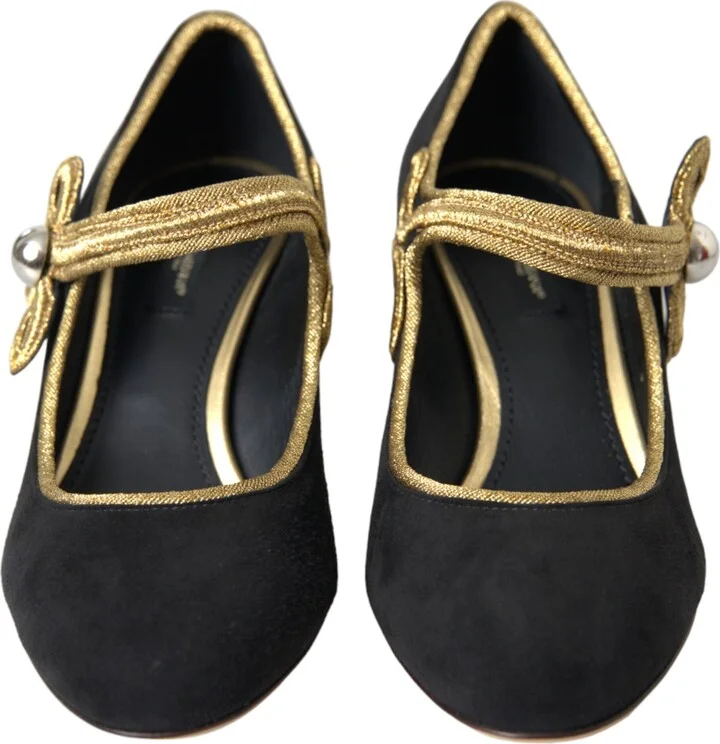 Black Suede Gold Mary Janes Heels Pumps Women's Shoes - Image 2