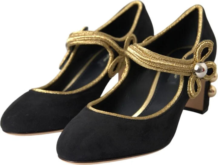 Black Suede Gold Mary Janes Heels Pumps Women's Shoes - Image 3