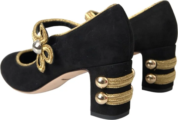 Black Suede Gold Mary Janes Heels Pumps Women's Shoes - Image 4