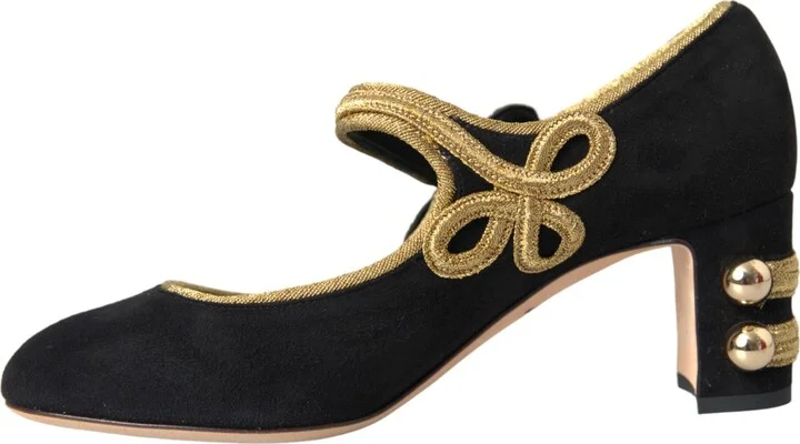 Black Suede Gold Mary Janes Heels Pumps Women's Shoes - Image 5