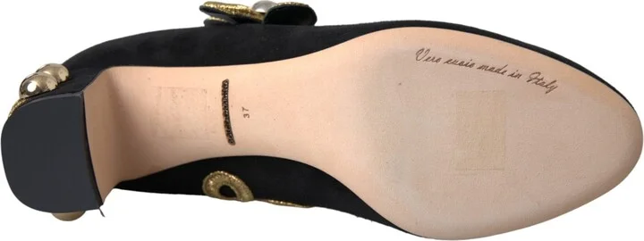 Black Suede Gold Mary Janes Heels Pumps Women's Shoes - Image 6