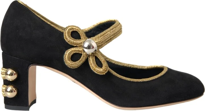 Black Suede Gold Mary Janes Heels Pumps Women's Shoes