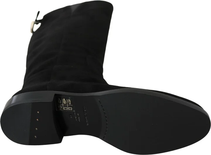 Black Suede Knee High Flat Boots Women's Shoes - Image 2