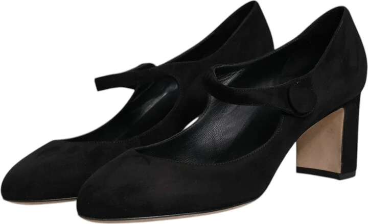 Black Suede Leather Block Heels Pumps Women's Shoes (Pre-Owned) - Image 4