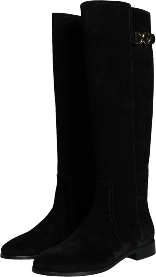 Black Suede Leather Knee High Boots Women's Shoes - Image 3