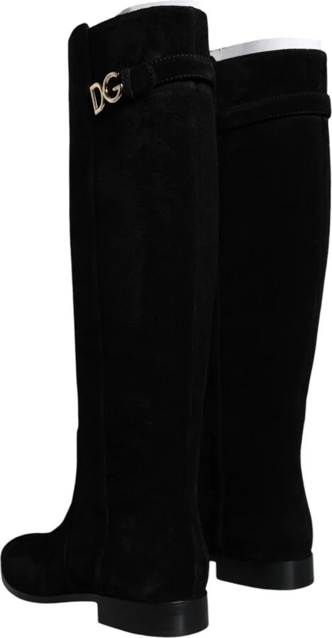 Black Suede Leather Knee High Boots Women's Shoes - Image 5