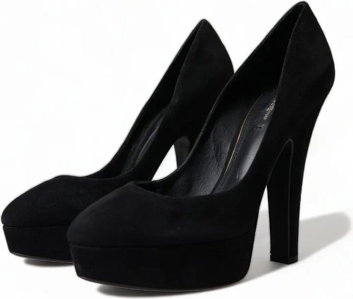 Black Suede Leather Platform Heel Pumps Women's Shoes - Image 3