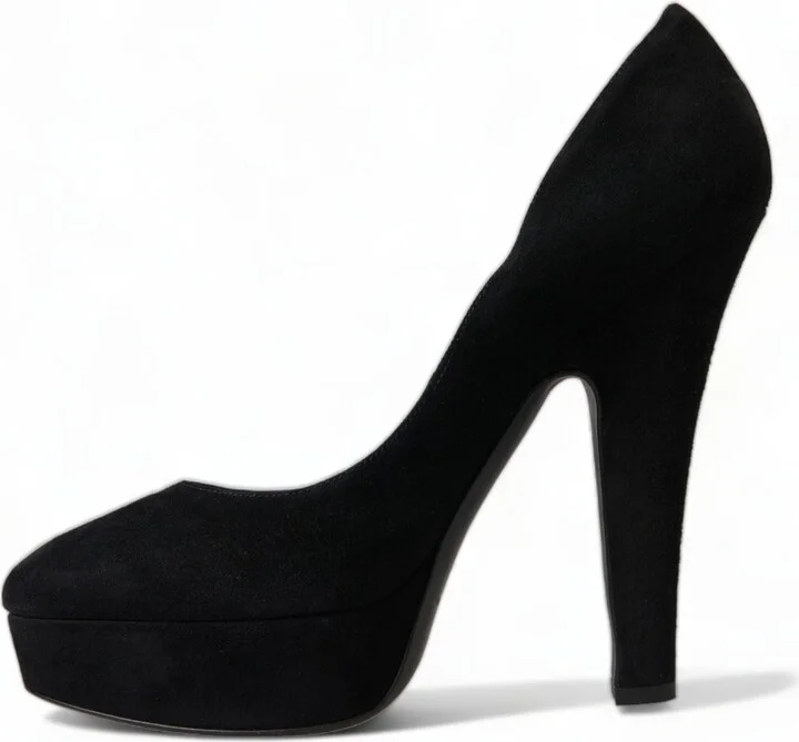 Black Suede Leather Platform Heel Pumps Women's Shoes - Image 5