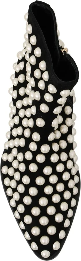 Black Suede Pearl Studs Boots Women's Shoes - Image 3