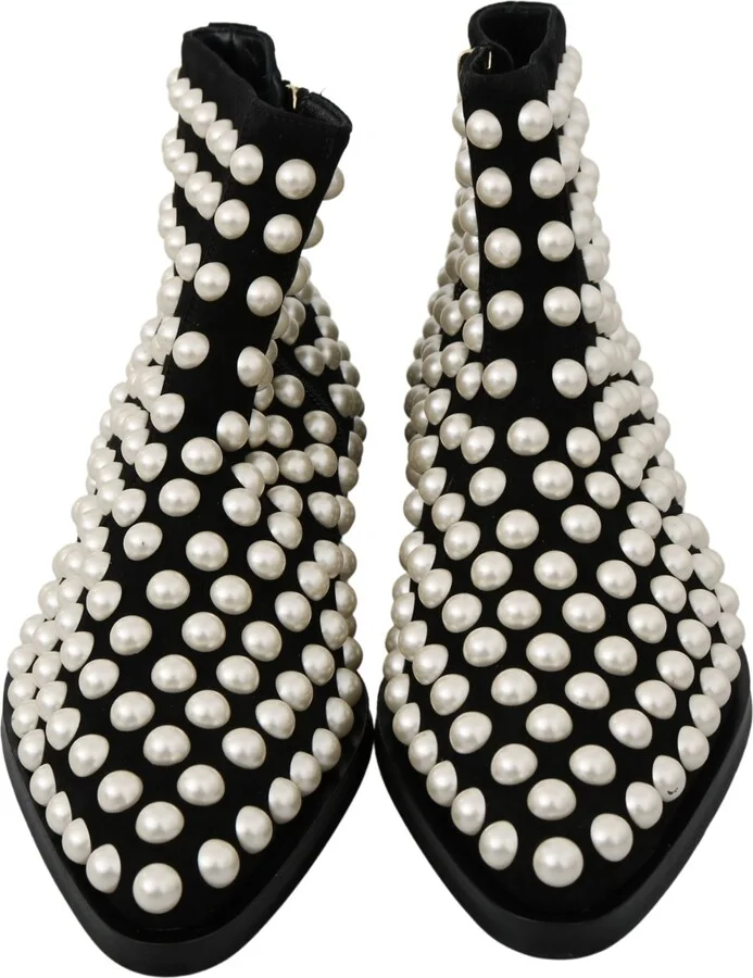 Black Suede Pearl Studs Boots Women's Shoes - Image 4