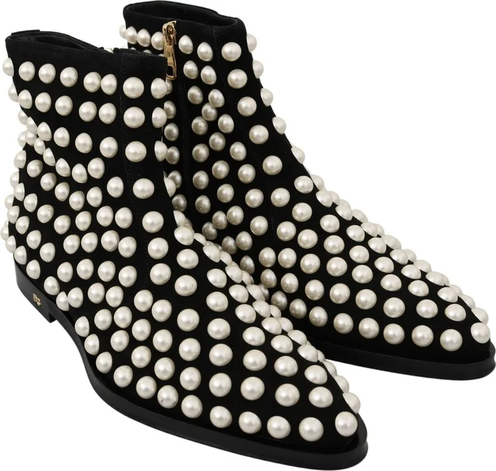 Black Suede Pearl Studs Boots Women's Shoes - Image 5