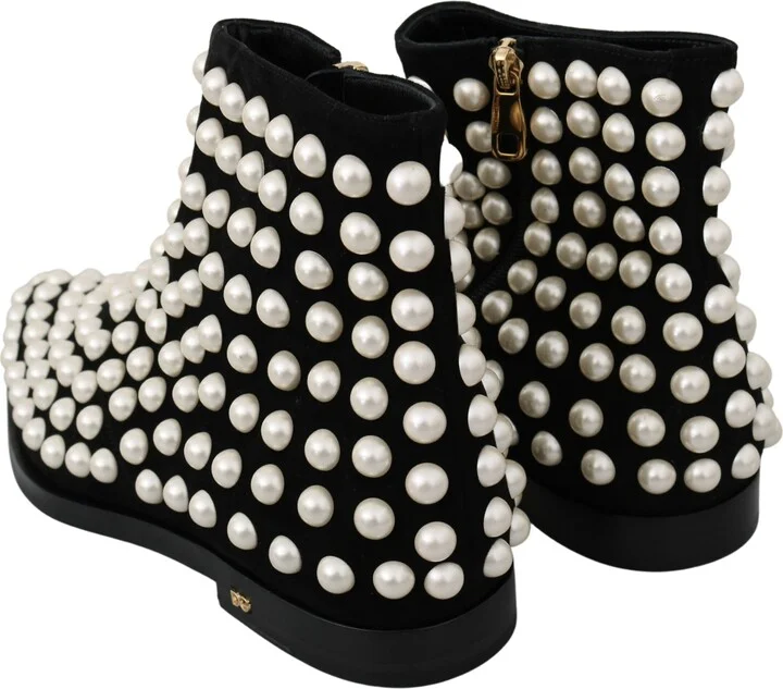 Black Suede Pearl Studs Boots Women's Shoes - Image 6