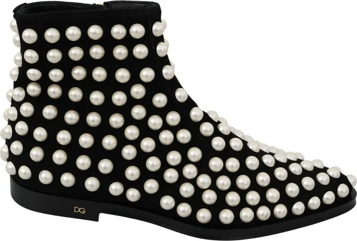 Black Suede Pearl Studs Boots Women's Shoes