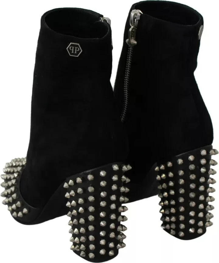 Black Suede Studded Heels Ankle Boots Women's Shoes - Image 3