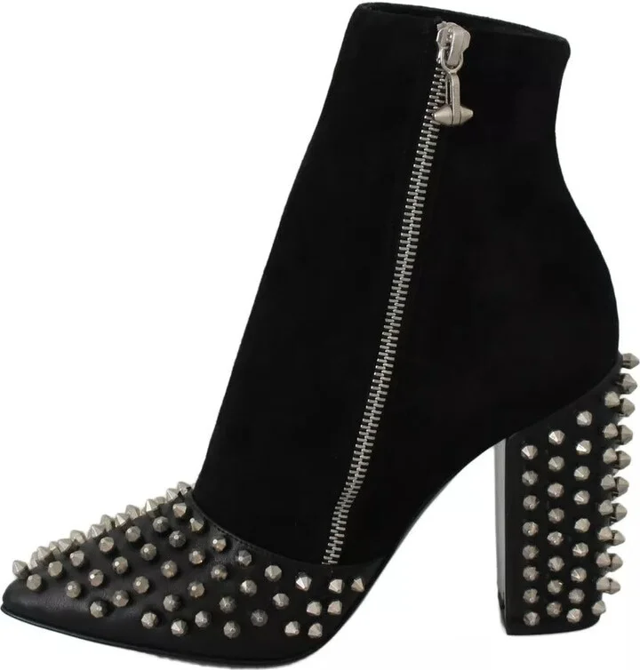 Black Suede Studded Heels Ankle Boots Women's Shoes - Image 6