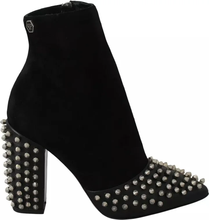 Black Suede Studded Heels Ankle Boots Women's Shoes