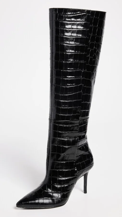 Black Suede Studio Tory Knee High Pointy Toe Mid Heel Boots - Image 3