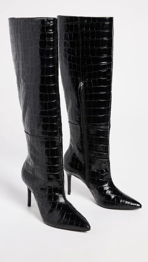 Black Suede Studio Tory Knee High Pointy Toe Mid Heel Boots - Image 5