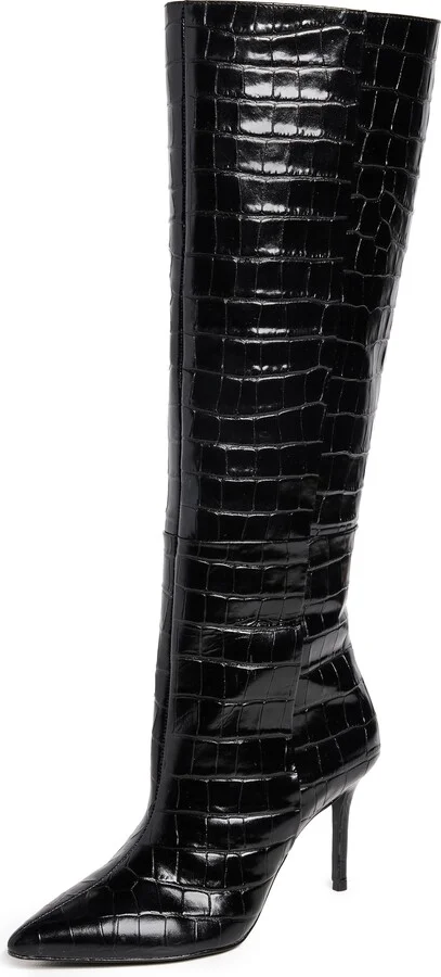 Black Suede Studio Tory Knee High Pointy Toe Mid Heel Boots
