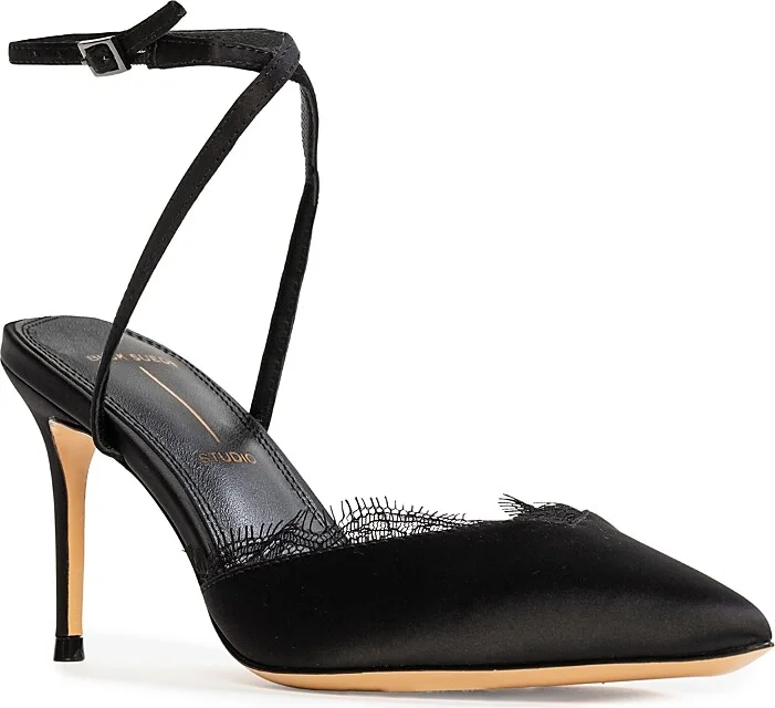 Black Suede Studio Women's Lacey Ankle Strap Pumps