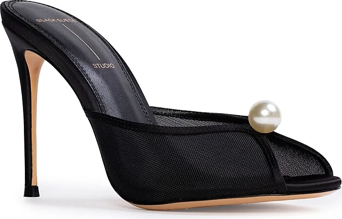 Black Suede Studio Women's Sadie Faux Pearl Embellished Mule Sandals