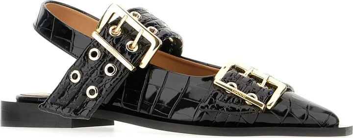Black Synthetic Leather Feminine Buckle Ballerinas - Image 2