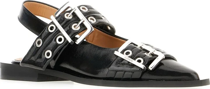 Black Synthetic Leather Feminine Buckle Ballerinas - Image 2