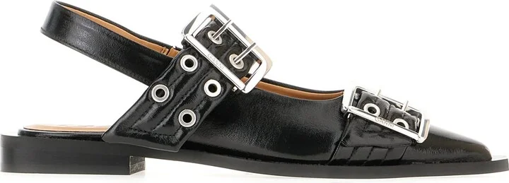 Black Synthetic Leather Feminine Buckle Ballerinas