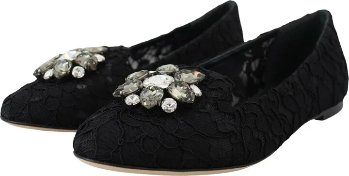 Black Taormina Lace Crystals Flats Women's Shoes - Image 3