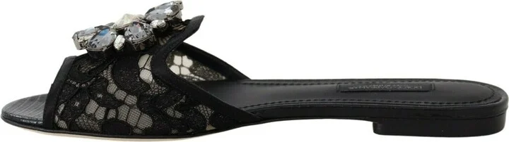 Black Taormina Lace Slides Crystals Flats Women's Shoes - Image 2