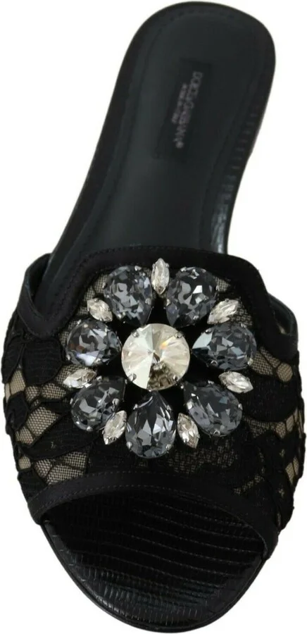 Black Taormina Lace Slides Crystals Flats Women's Shoes - Image 4
