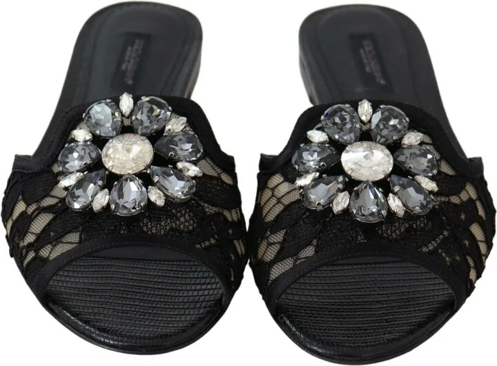 Black Taormina Lace Slides Crystals Flats Women's Shoes - Image 5
