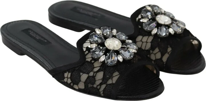 Black Taormina Lace Slides Crystals Flats Women's Shoes - Image 6