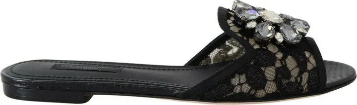 Black Taormina Lace Slides Crystals Flats Women's Shoes
