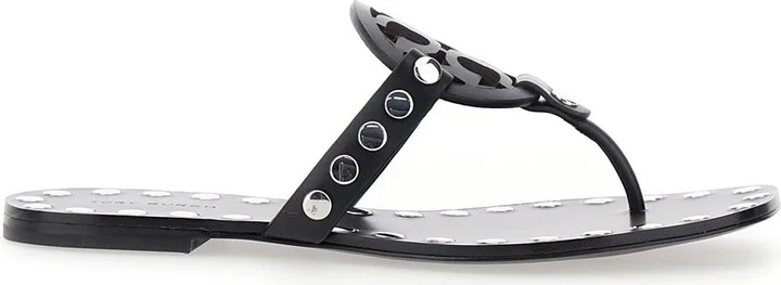 Black Thong Sandals With Logo On The Front And Stud Embellishments In Leather Woman