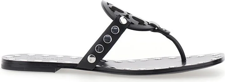 Black Thong Sandals With Logo On The Front And Stud Embellishments In Leather Woman