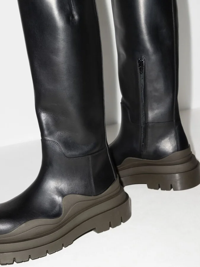 Black Tire Knee-High Leather Boots - Image 5
