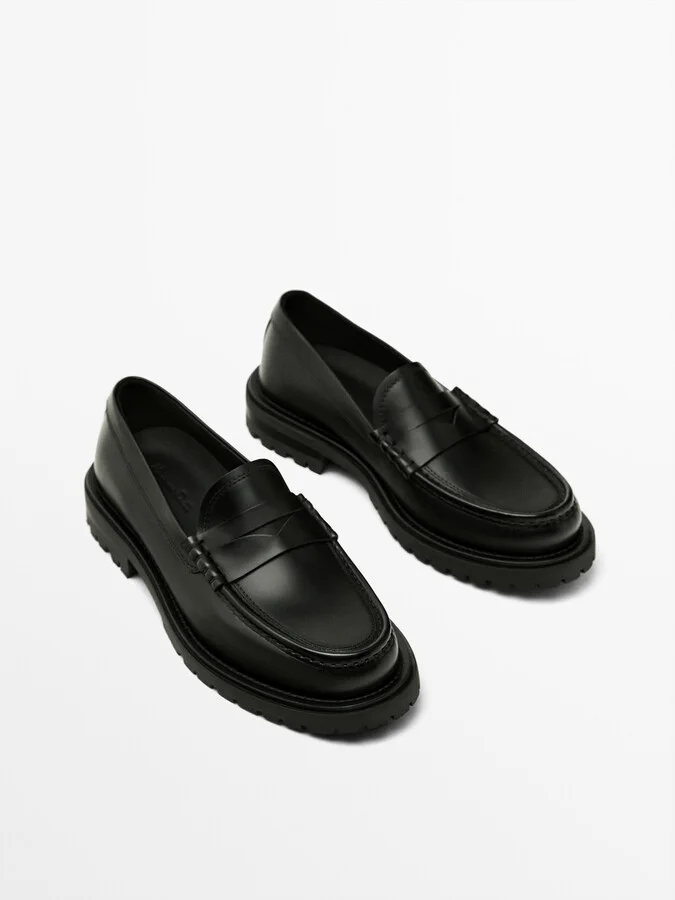 Black Track Sole Loafers With Penny Strap - Image 3