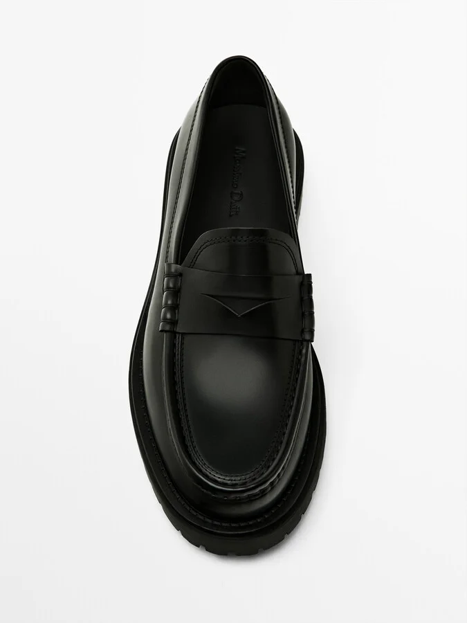 Black Track Sole Loafers With Penny Strap - Image 5