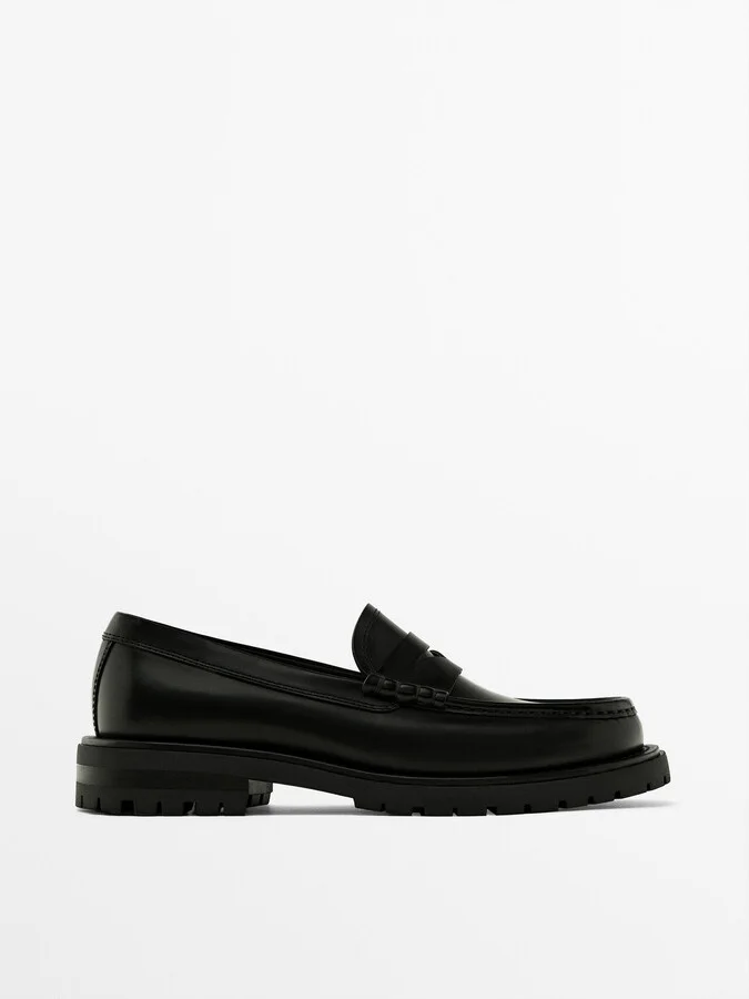 Black Track Sole Loafers With Penny Strap